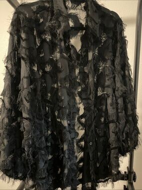 SHEIN Black Frayed Sheer Button-Down Shirt